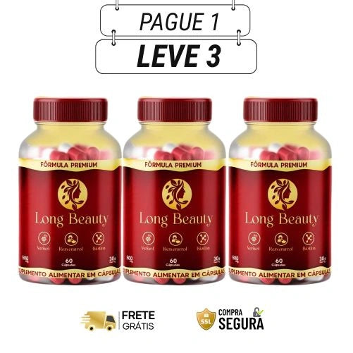 Long Beauty 50mg 60 Cápsulas - O segredo Para Beleza Real dos Cabelos - Kits com 3 e 5 Frascos - Frete Grátis